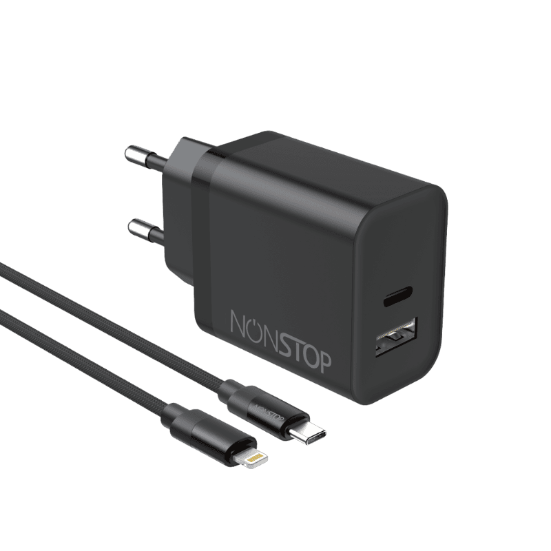 מטען בית שחור +כבל NONSTOP PowerLine USB+PD 25W C-L