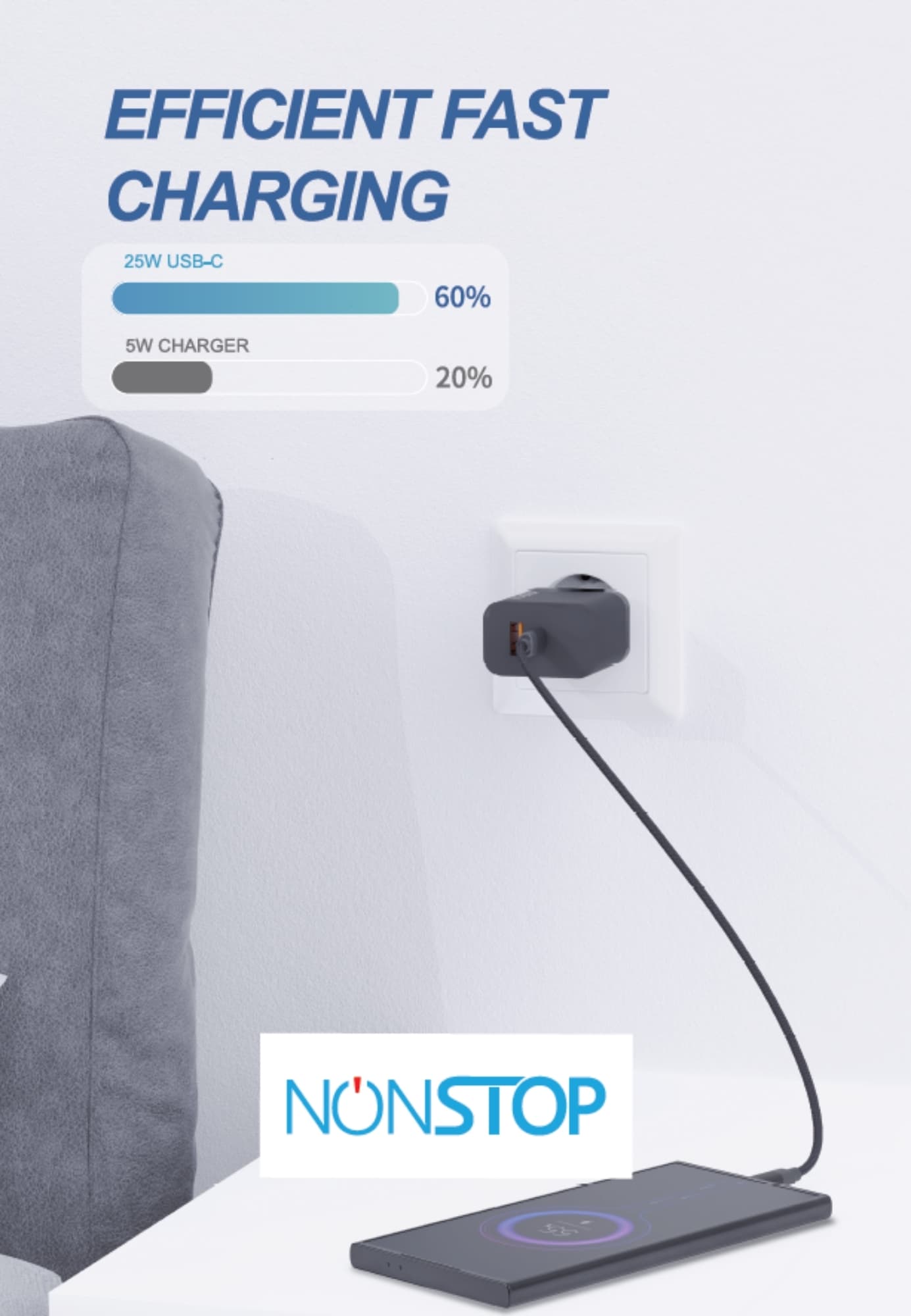 מטען בית שחור +כבל NONSTOP PowerLine USB+PD 25W C-L