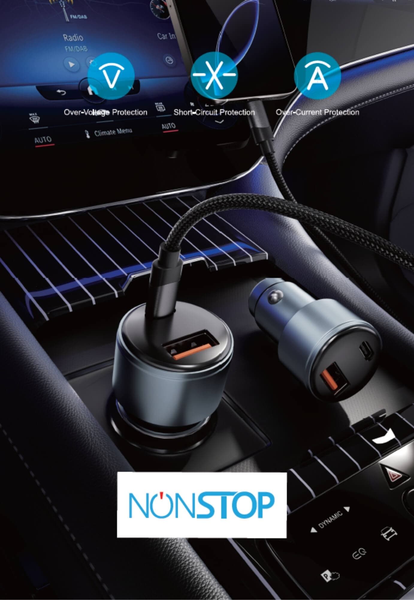 מטען רכב  +כבל NONSTOP PowerLine PD+ USB 48W C-L