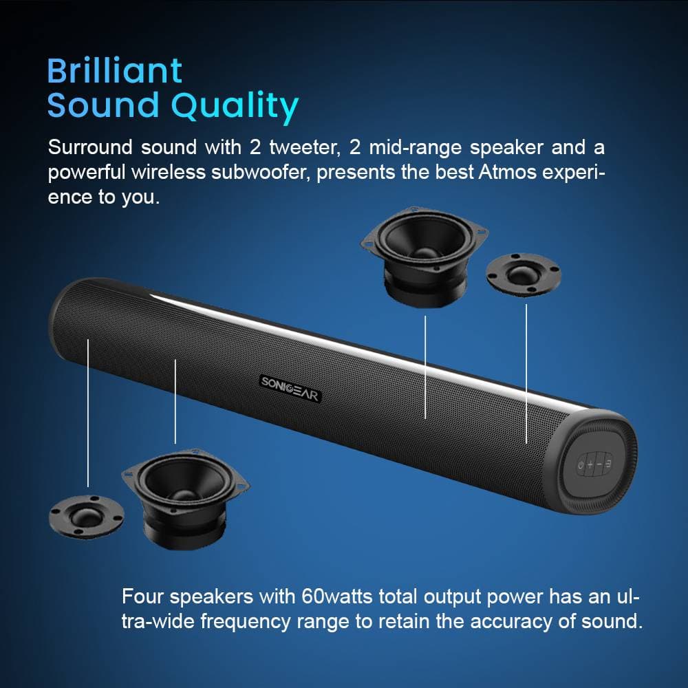 מקרן קול עם סאב וופר אלחוטי SonicGear STUDIOBAR 600 HD AirBass 120W 2.1