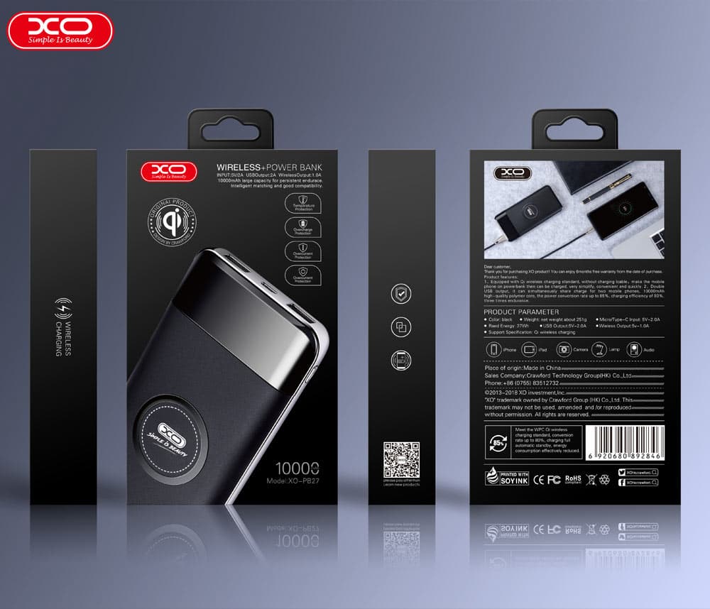 מטען נייד אלחוטי XO PB29 10,000mAh שחור