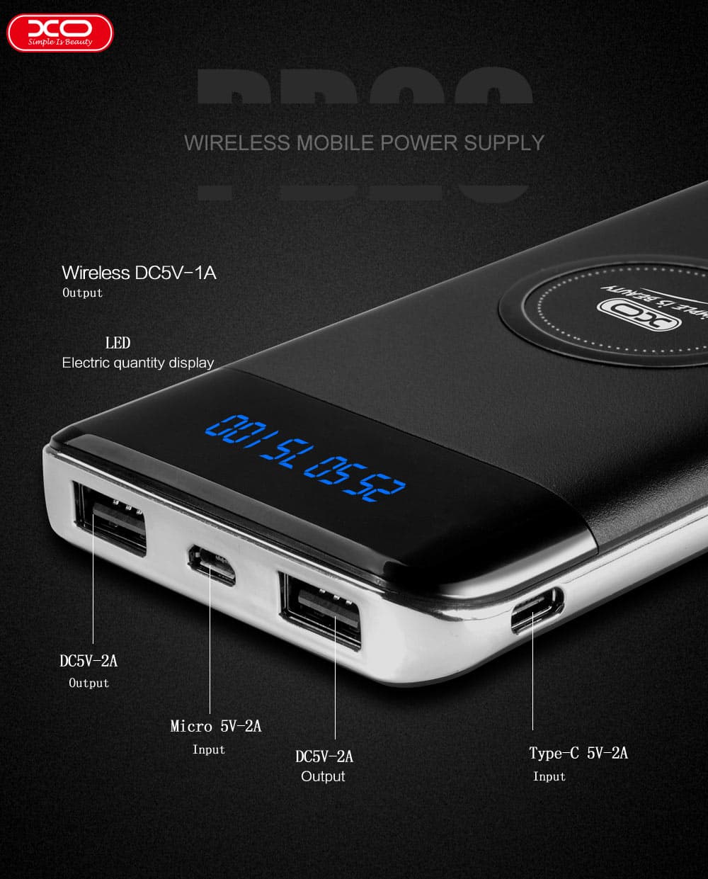 מטען נייד אלחוטי XO PB29 10,000mAh שחור
