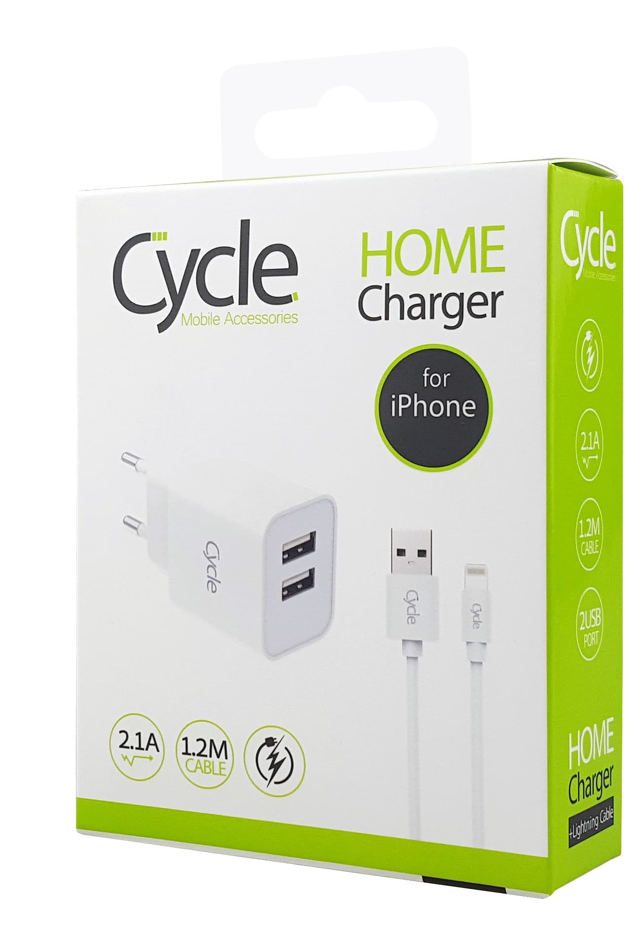 מטען קיר Cycle CYH2A-L עם 2 יציאות USB + כבל Lightning