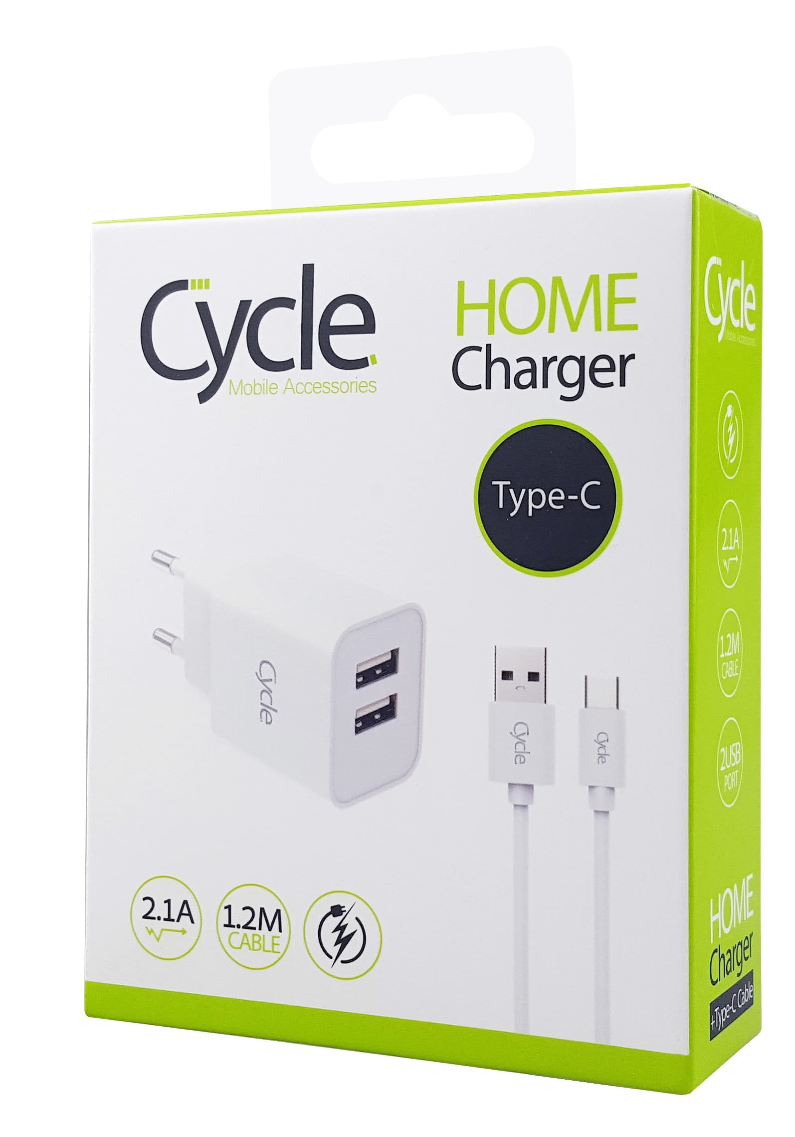 מטען קיר Cycle CYH2A-T עם 2 יציאות USB + כבל Type-C