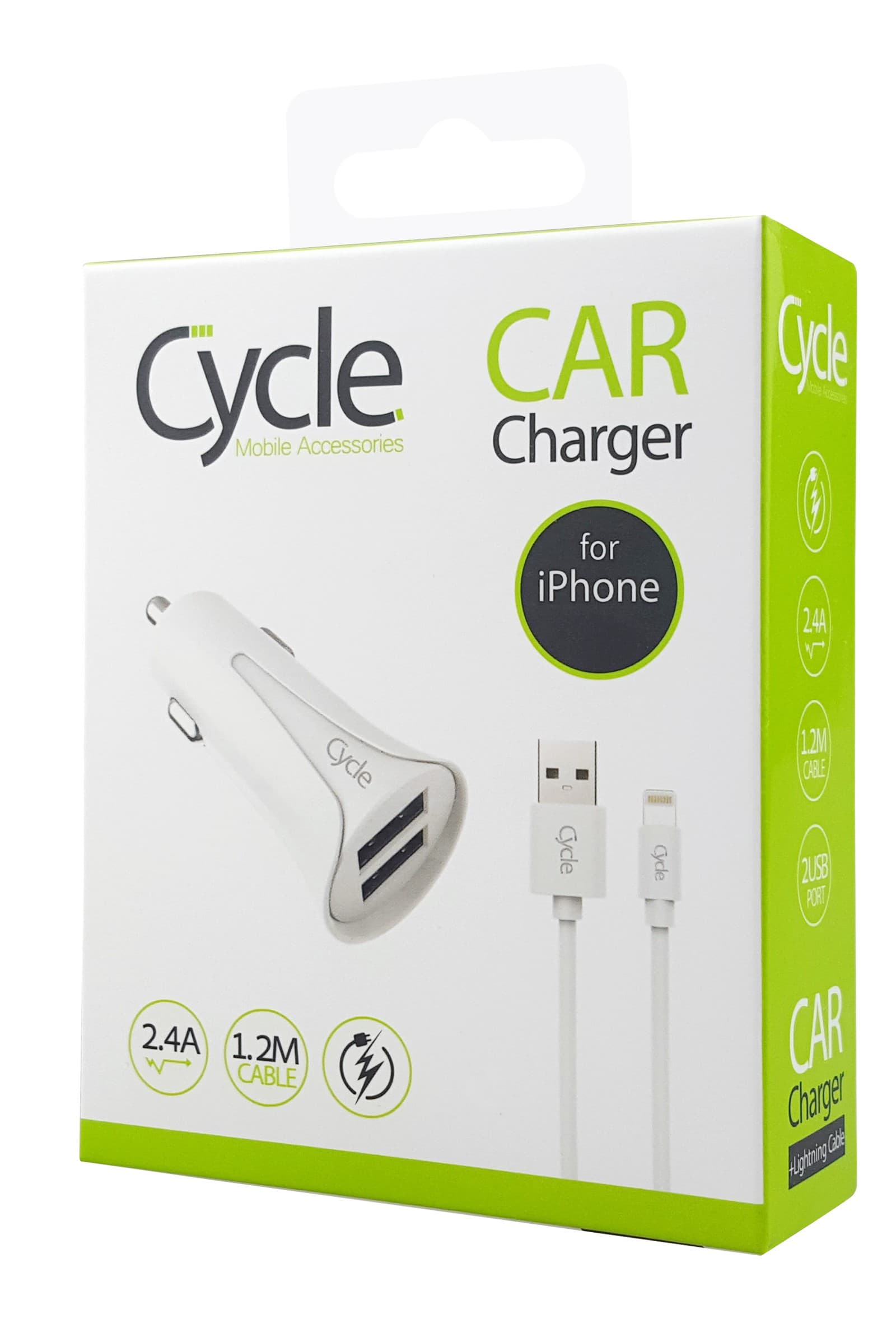 Cycle Car 2A 2USB Lightning - מטען רכב + כבל איפון