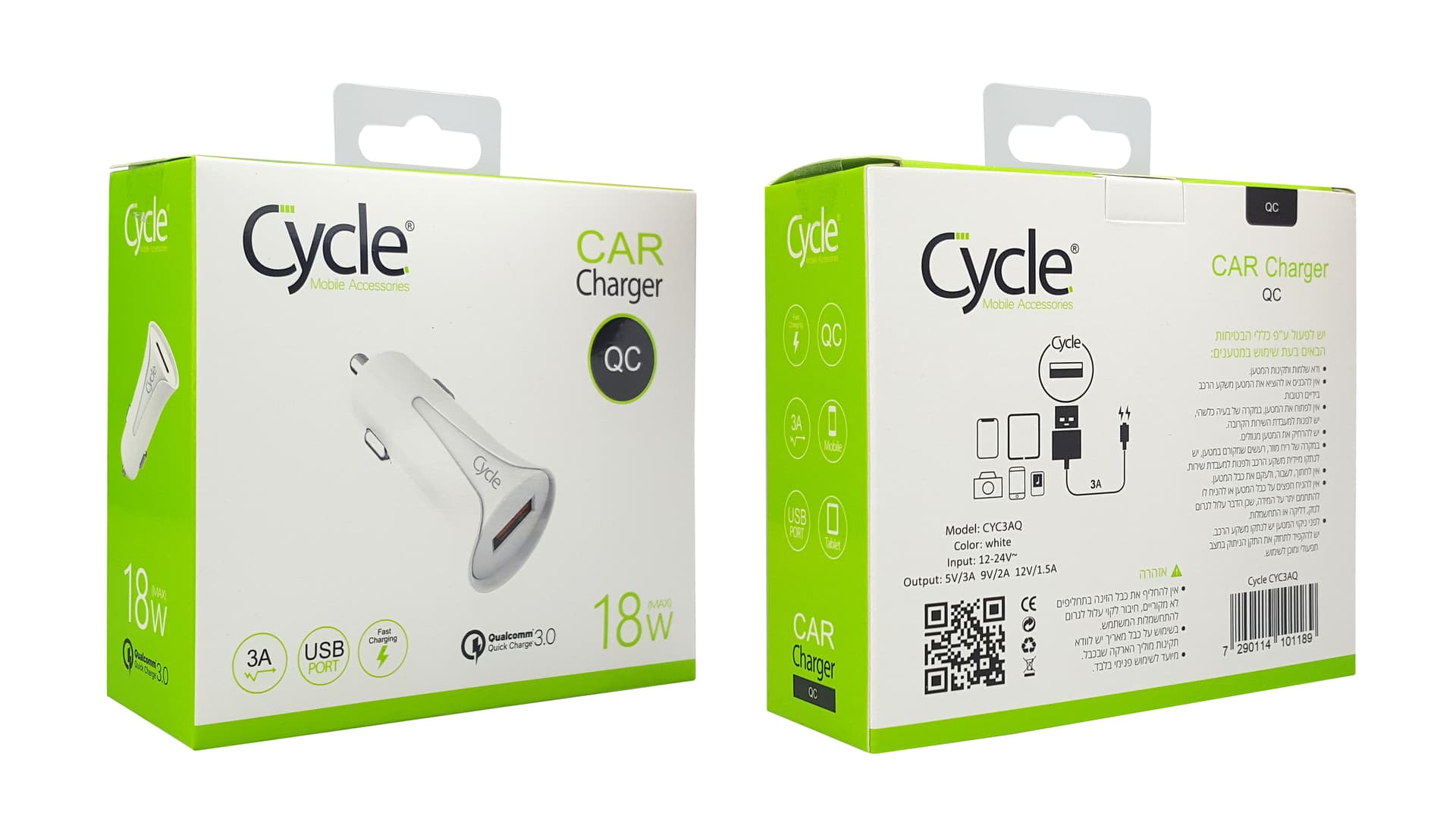 מטען רכב מהיר Cycle עם יציאת USB בתקן QC3.0 18W דגם CYC3AQ
