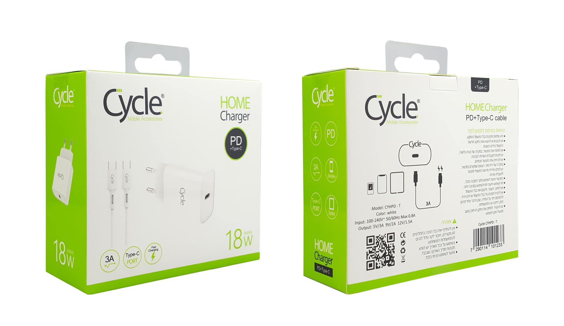 מטען קיר מהיר Cycle CYHPD-T 20W עם יציאת PD + כבל Type-C