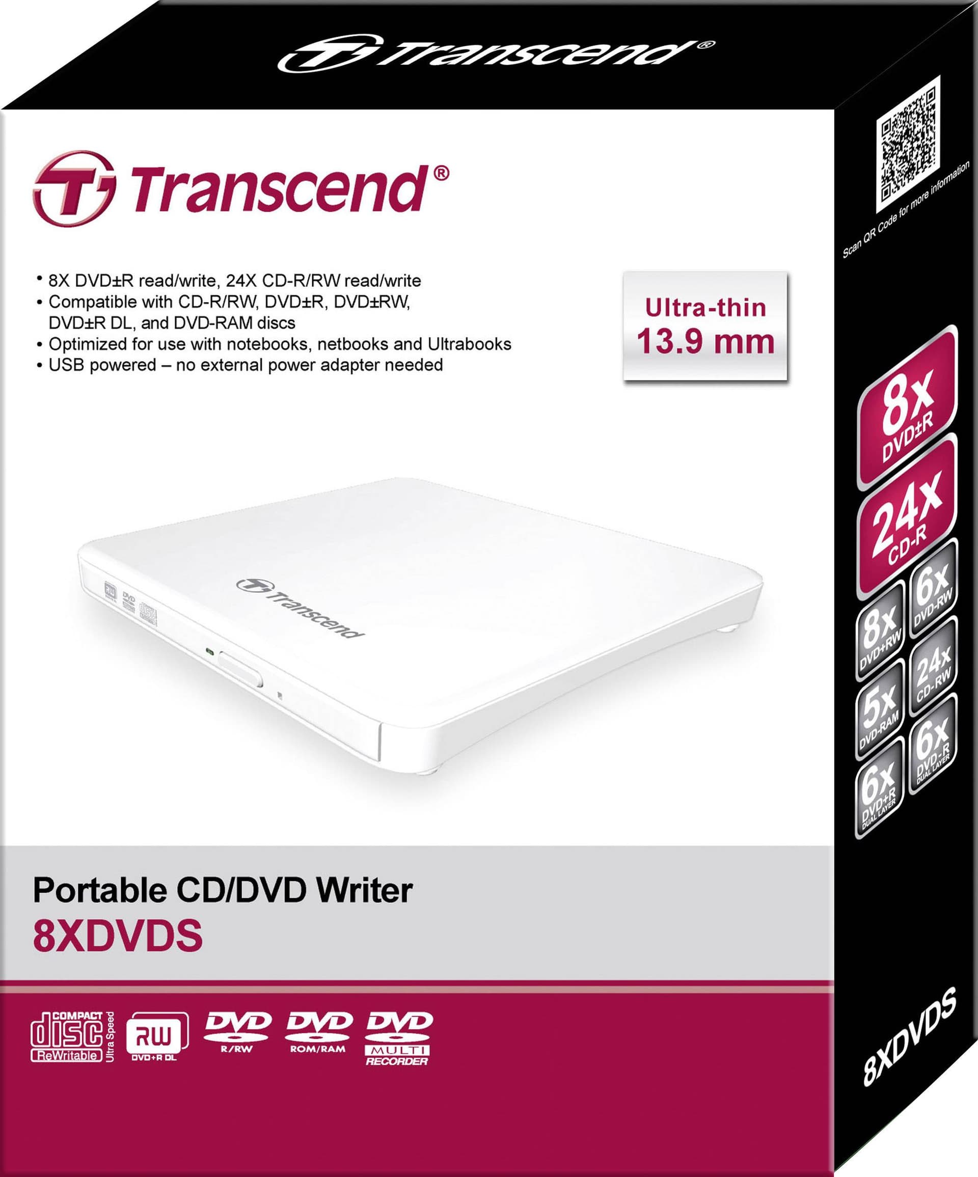 כונן DVD חיצוני Transcend TS8XDVDS-W צבע לבן