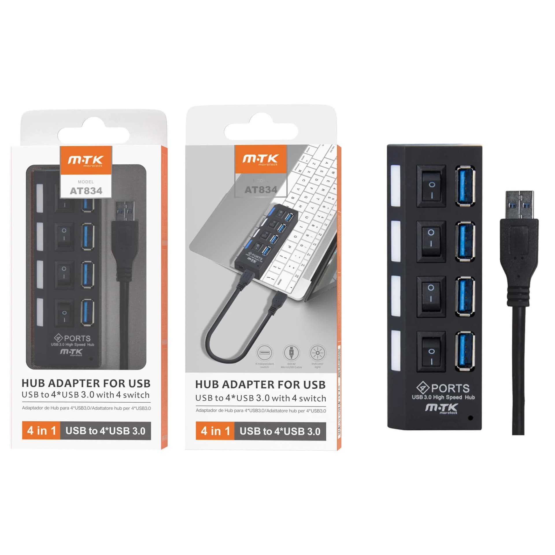 מפצל USB דגם MTK AT834 עם 4 יציאות USB 3.0 + מתגי ON/OFF