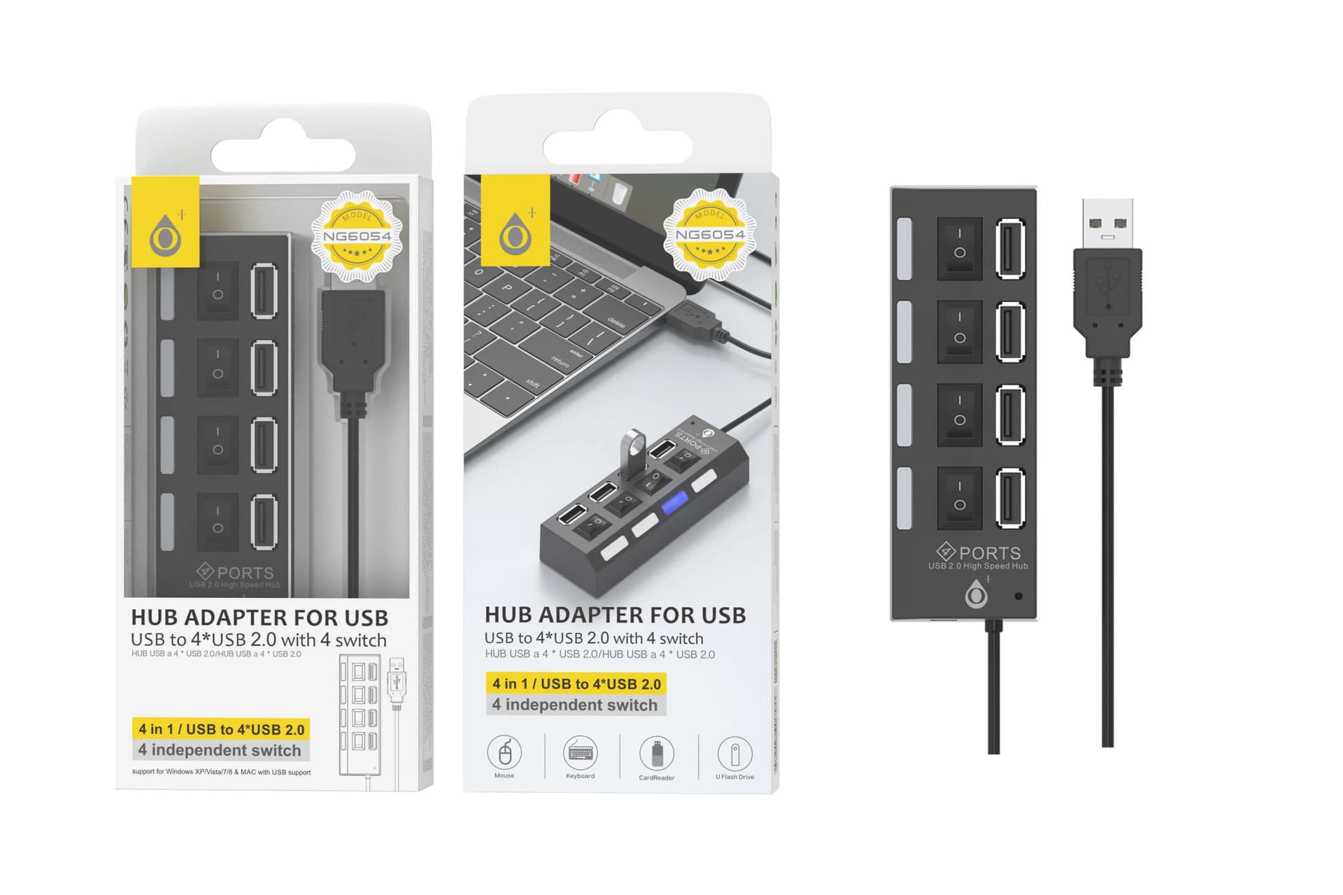 מפצל USB דגם MTK NG6054 עם 4 יציאות USB 2.0 + מתגי ON/OFF - צבע שחור