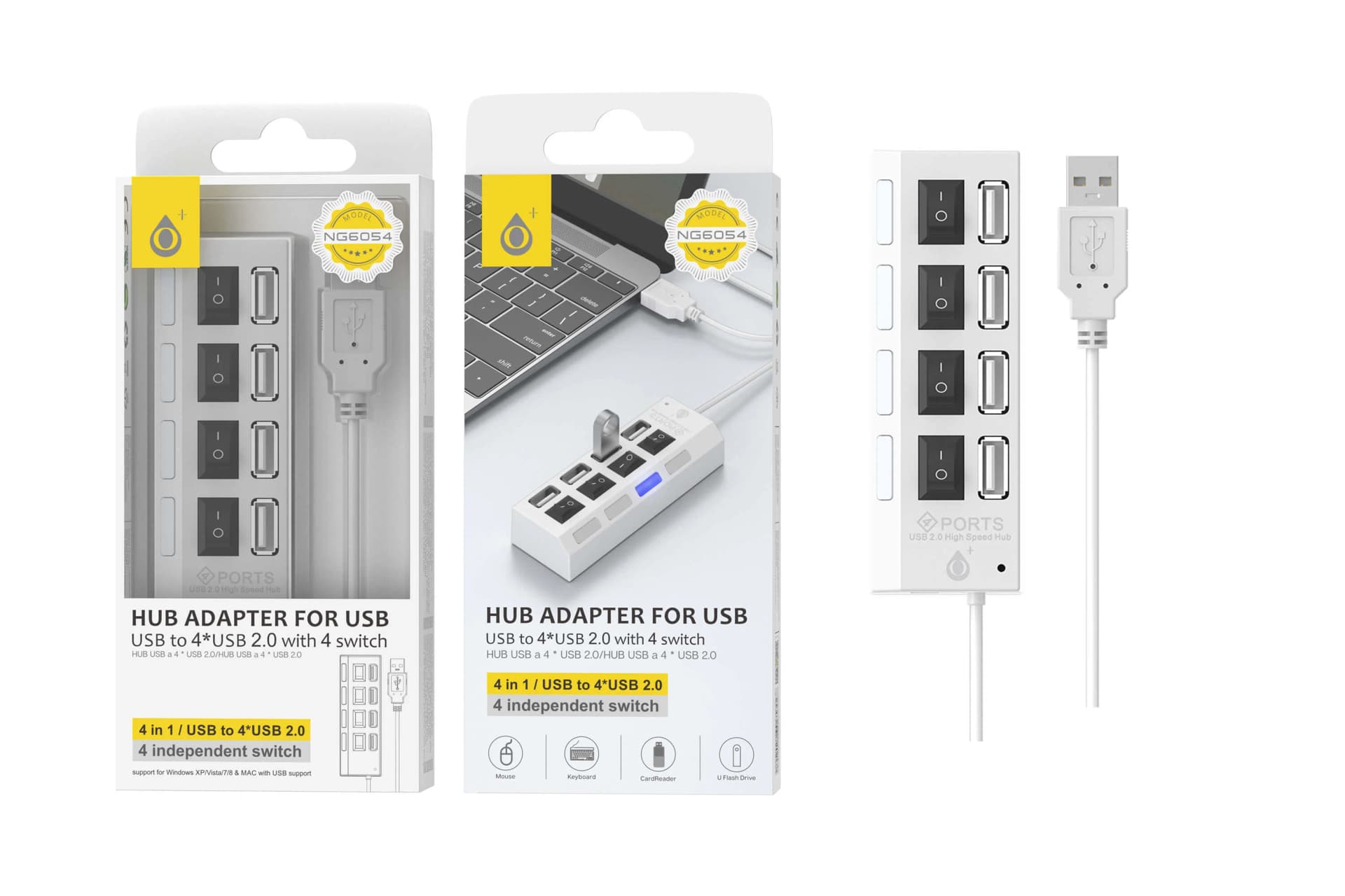 מפצל USB דגם MTK NG6054 עם 4 יציאות USB 2.0 + מתגי ON/OFF - צבע לבן