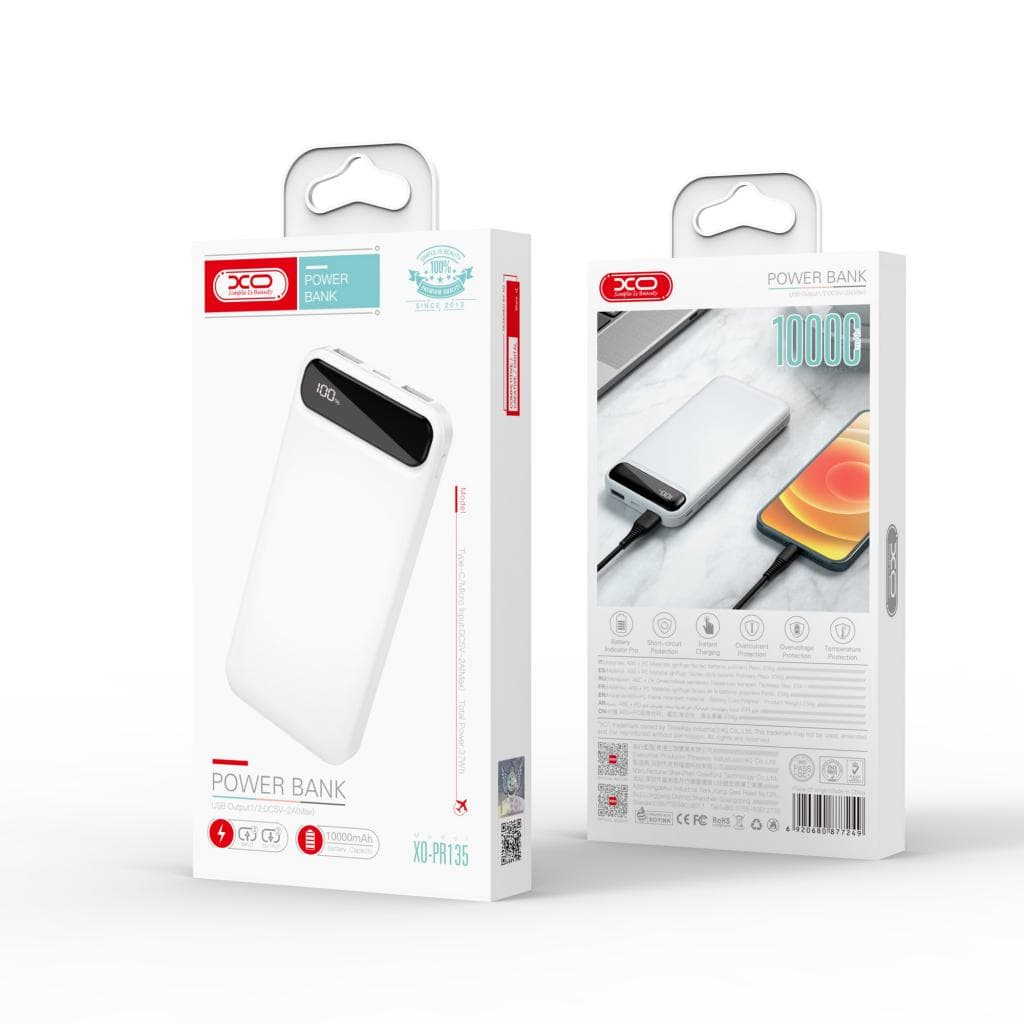 מטען נייד עם צג XO PR135 10,000mAh לבן