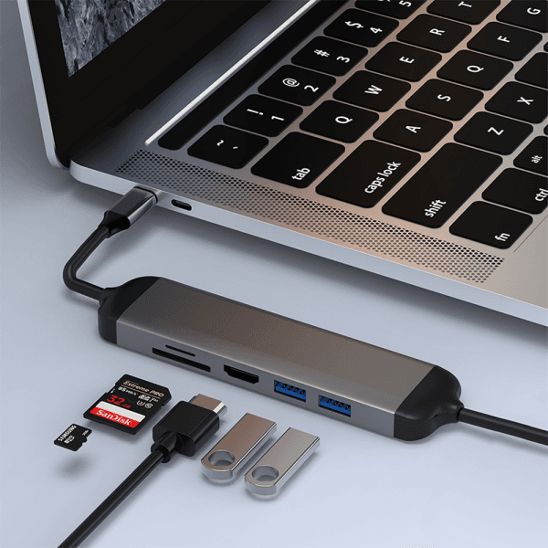כבל מתאם WIWU Alpha 521H 6in1 USB3.0*2+Type-C Cable+HDMI+SD+TF