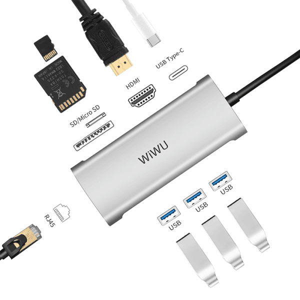 כבל מתאם WIWU Alpha 831HRT 8in1 USB3.0*3+SD+TF+HDMI+RJ45+Type C