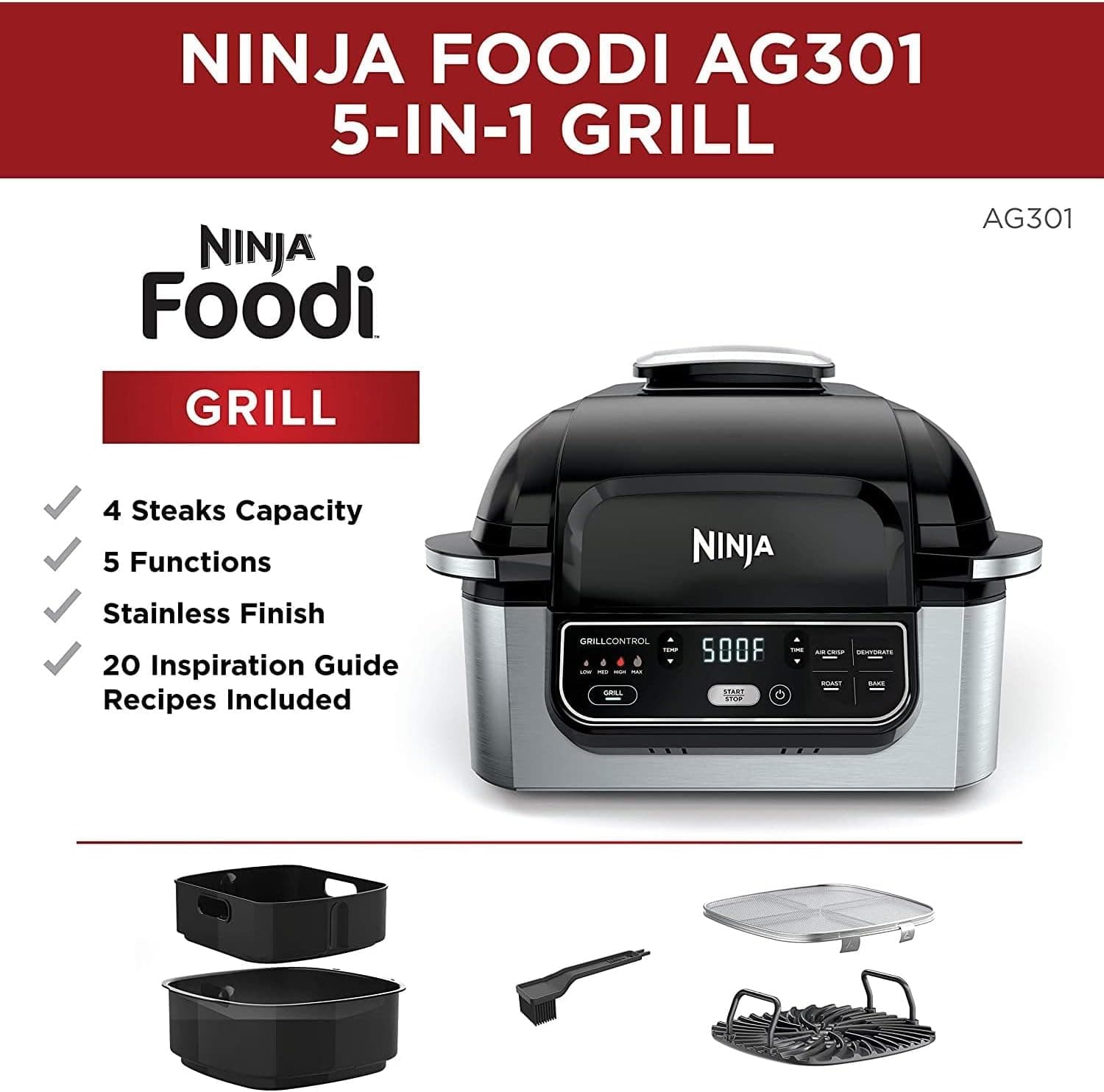 נינג'ה גריל Ninja Foodi Health Grill & Air Fryer AG301