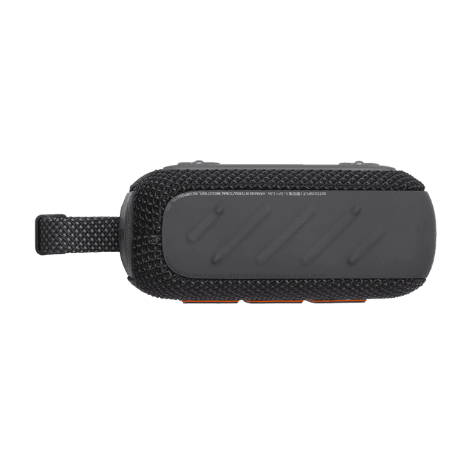 קריב של רמקול ה-JBL Go 4 בצבע שחור, המציג את הכפתורים העליונים לשליטה בווליום והפעלה.