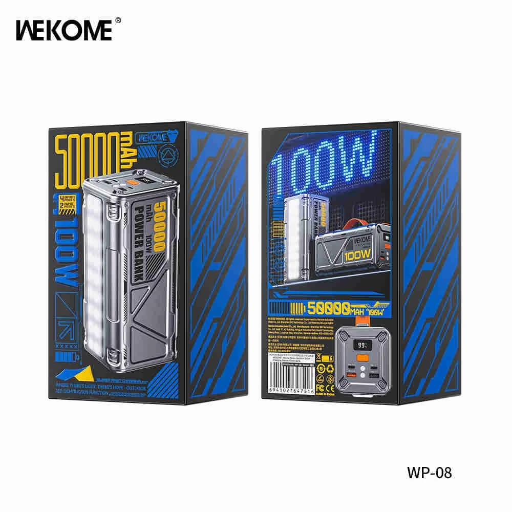 מטען נייד WEKOME WP-08 100W 50,000mAh טעינה מהירה Type-C ו-USB + פנס