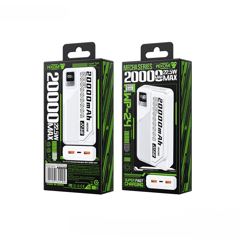 מטען נייד WEKOME WP-24 עם חיבורי Type-C ו-USB-A, מוכן לטעינת מספר מכשירים.