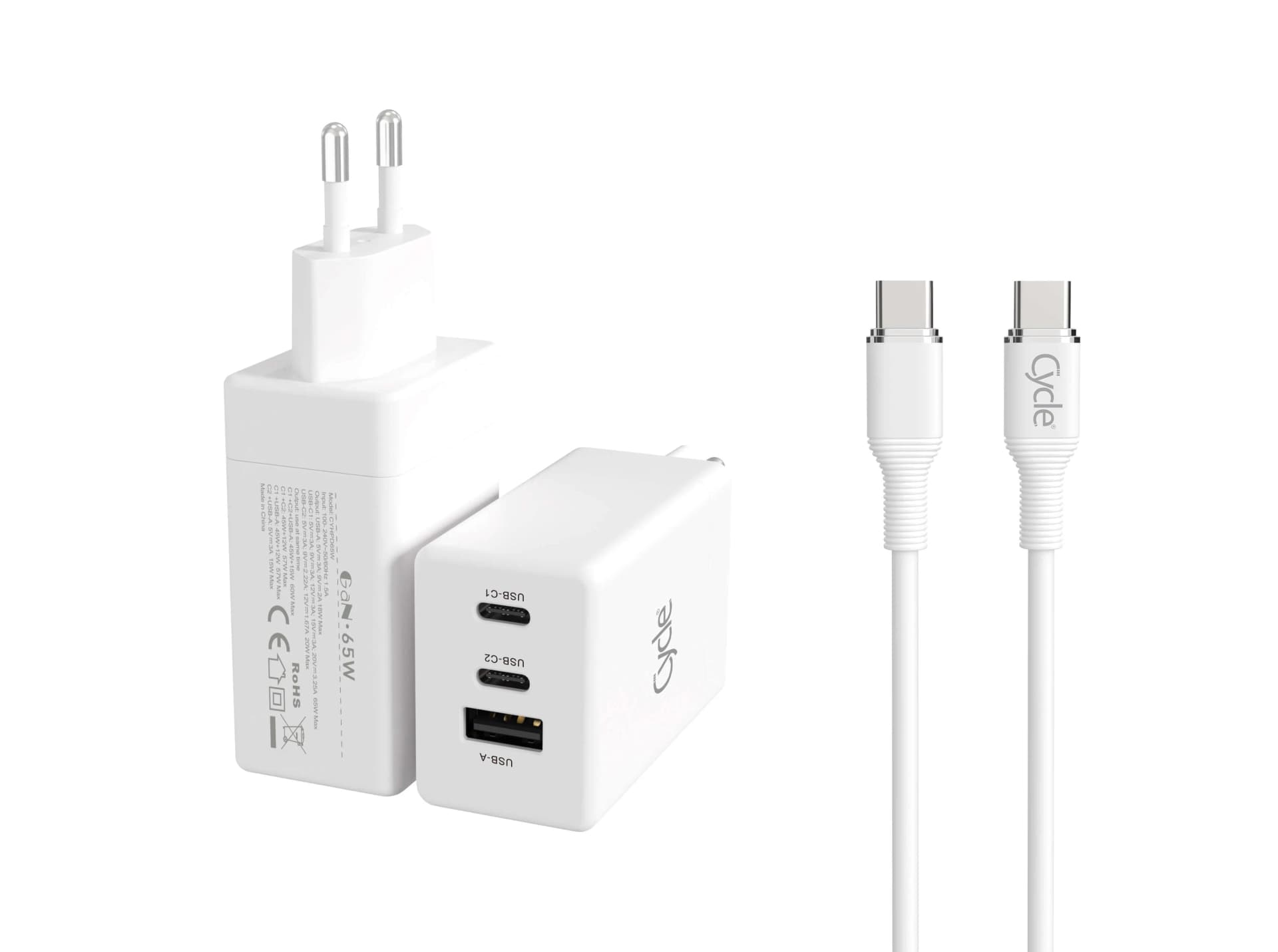 מטען בית 2 יציאות TYPE-C + יציאת Cycle CYHPD65W USB