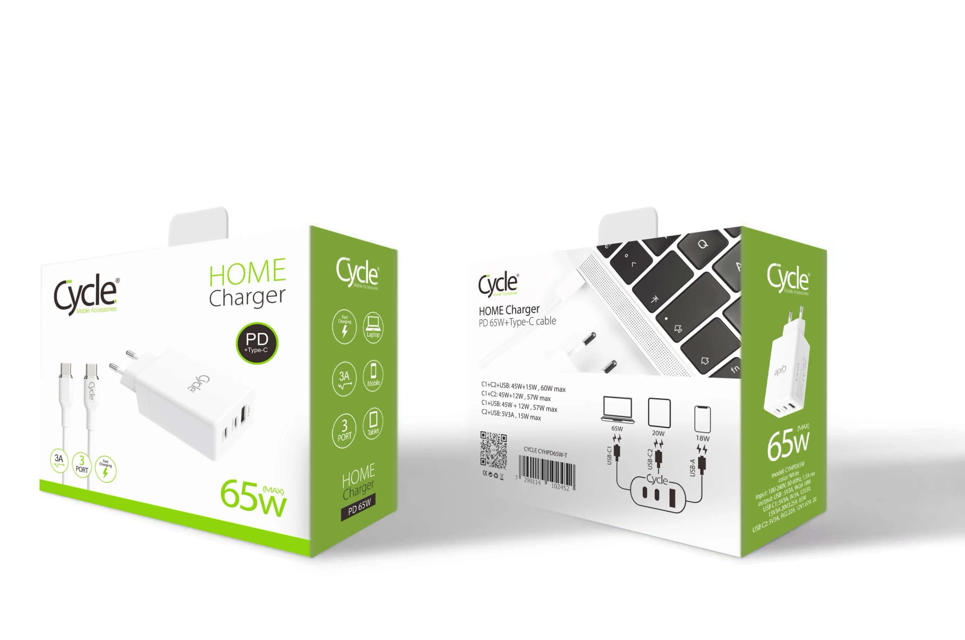 מטען בית 2 יציאות TYPE-C + יציאת Cycle CYHPD65W USB