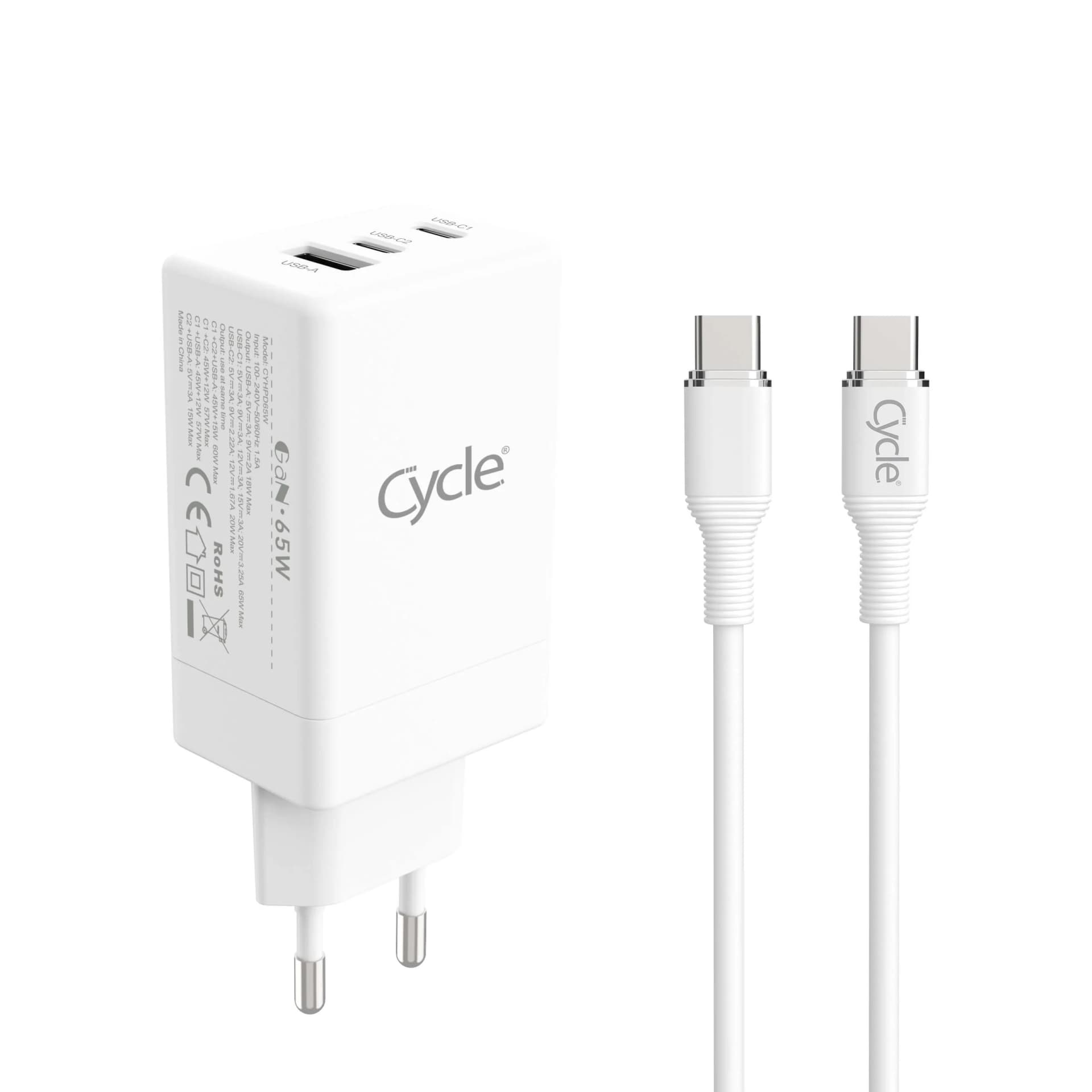 מטען בית 2 יציאות TYPE-C + יציאת Cycle CYHPD65W USB