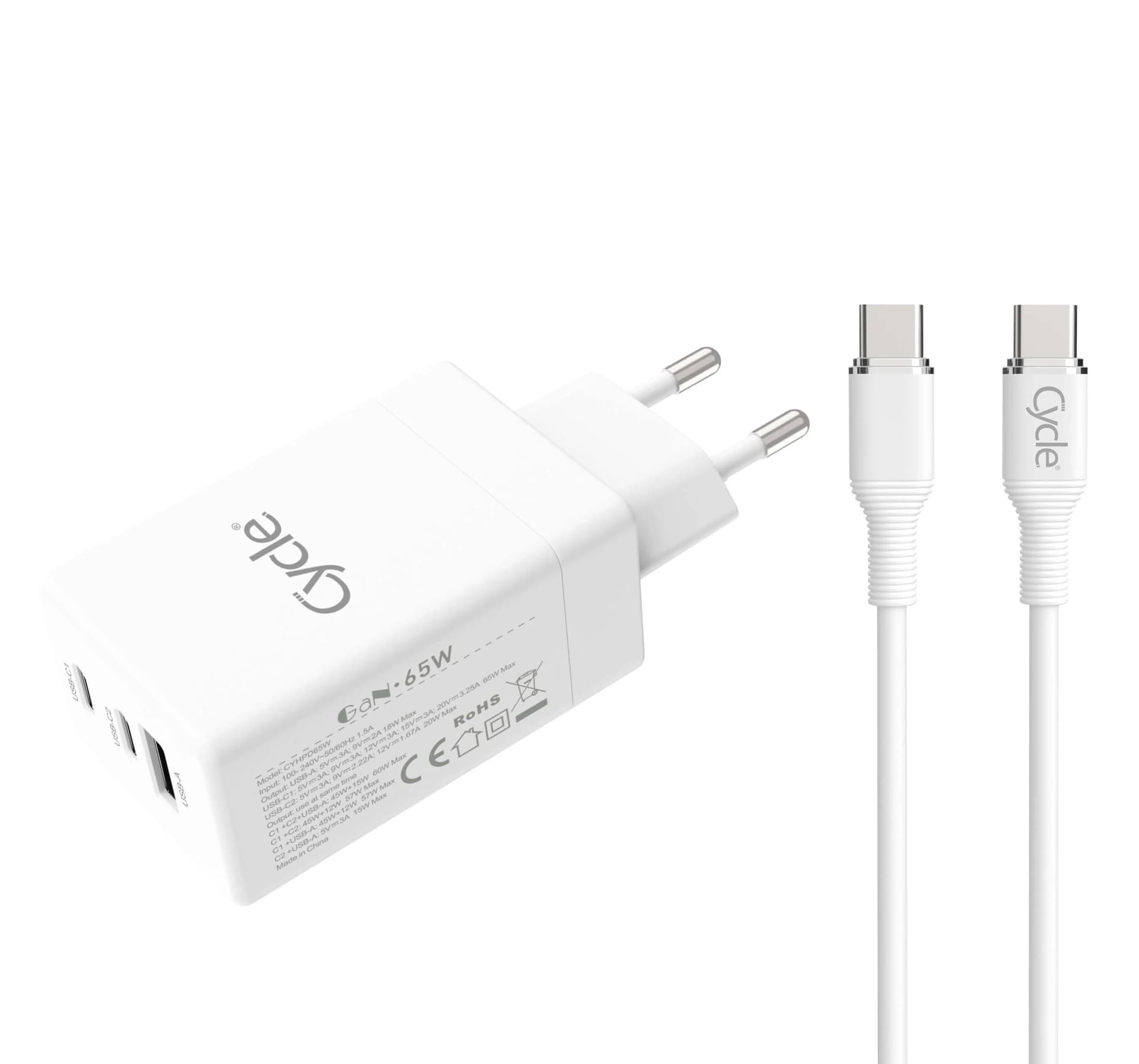 מטען בית 2 יציאות TYPE-C + יציאת Cycle CYHPD65W USB