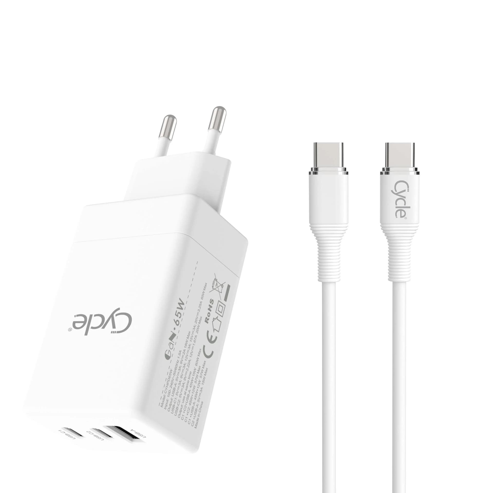 מטען בית 2 יציאות TYPE-C + יציאת Cycle CYHPD65W USB