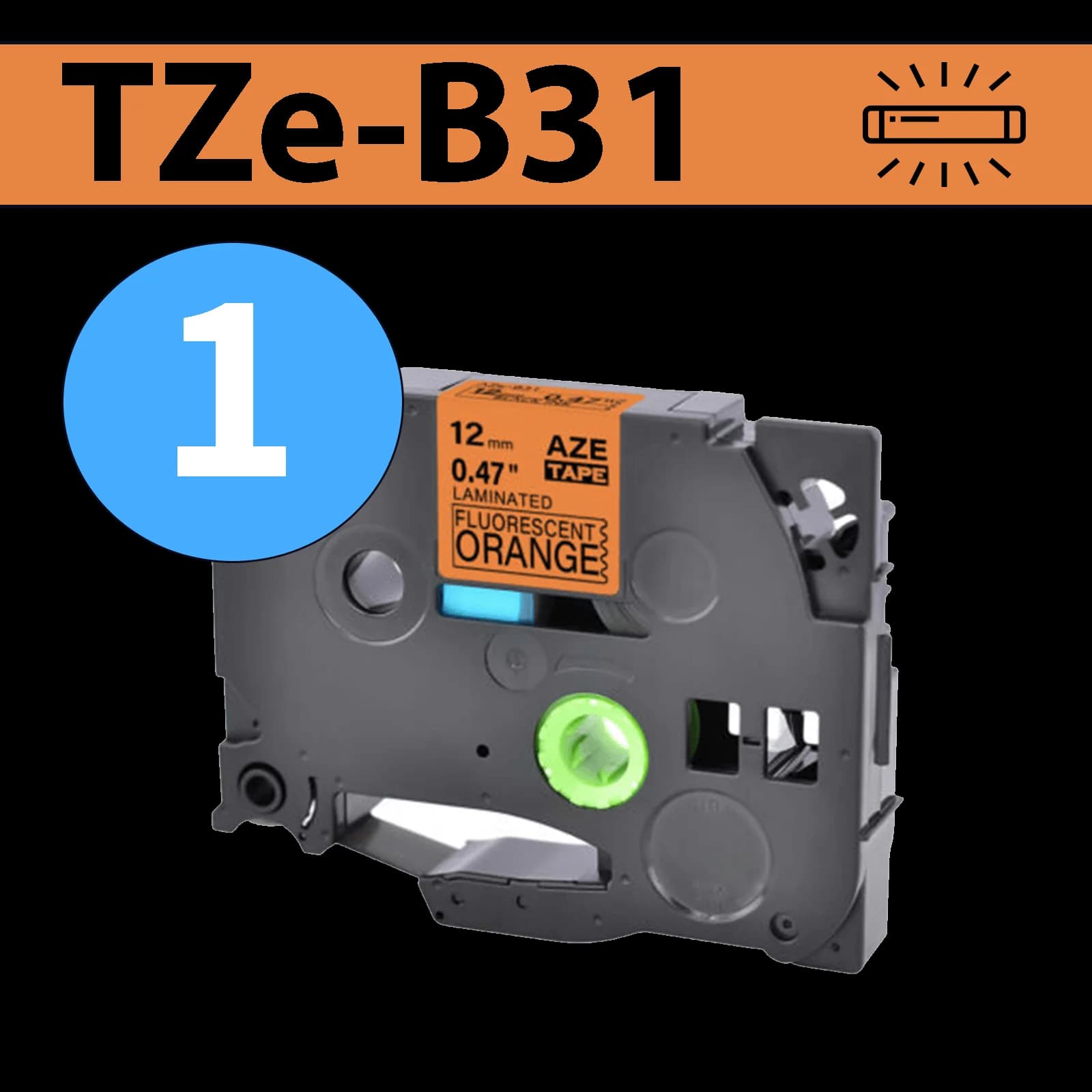 סרט מדבקה TZe-B31 תואם פרימיום שחור על כתום זוהר 12 מ״מ (לארונות חשמל, תקשורת ומקומות חשוכים)