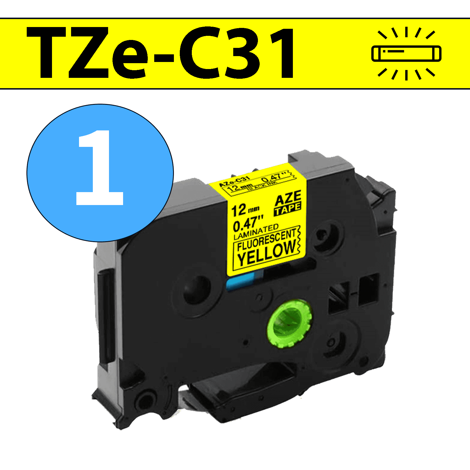 סרט מדבקה TZe-C31 תואם פרימיום שחור על צהוב זוהר 12 מ״מ (לארונות חשמל, תקשורת ומקומות חשוכים)