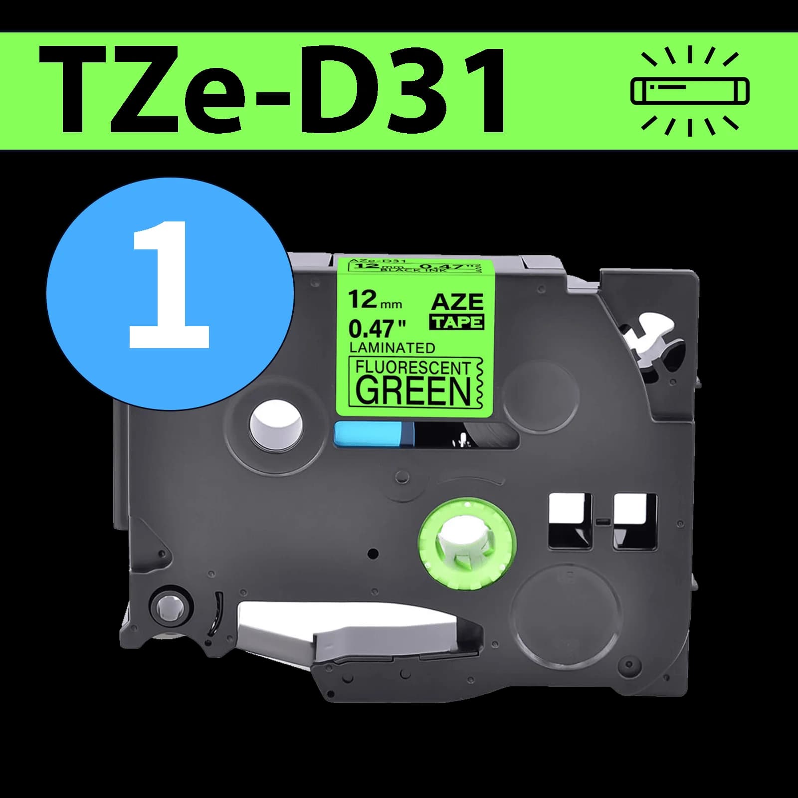 סרט מדבקה TZe-D31 תואם פרימיום שחור על ירוק זוהר 12 מ״מ (לארונות חשמל, תקשורת ומקומות חשוכים)