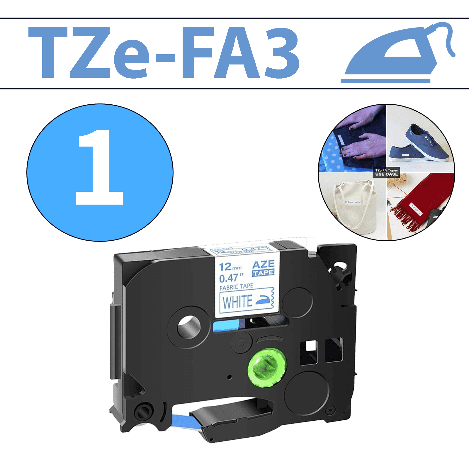 סרט מדבקה TZe-FA3 תואם פרימיום כחול על לבן 12 מ״מ (אריג לגיהוץ על בד)