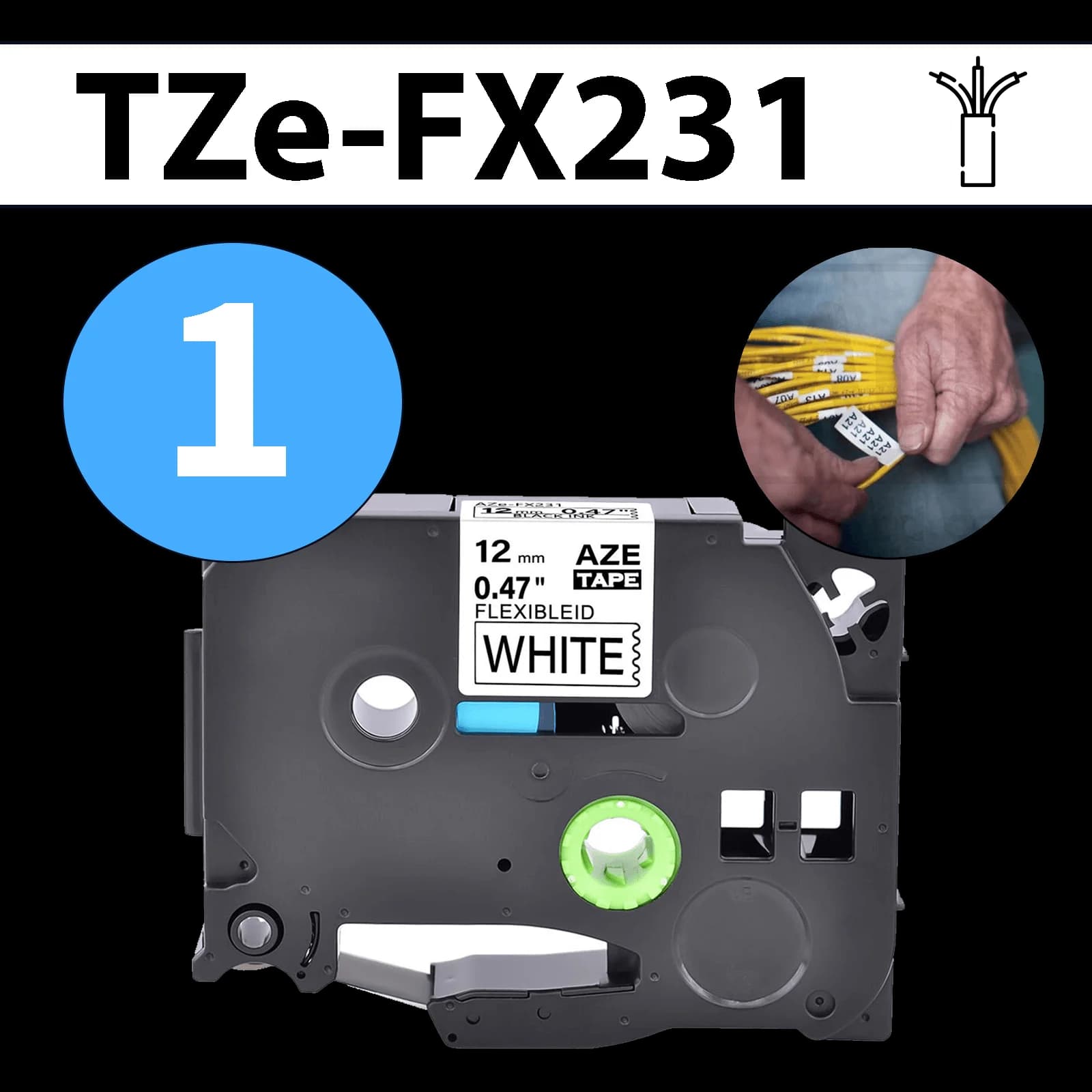 סרט מדבקה TZe-FX231 תואם פרימיום שחור על לבן 12 מ״מ (גמיש לחיווט - מתאים לכבלי תקשורת, חשמל, ועוד)