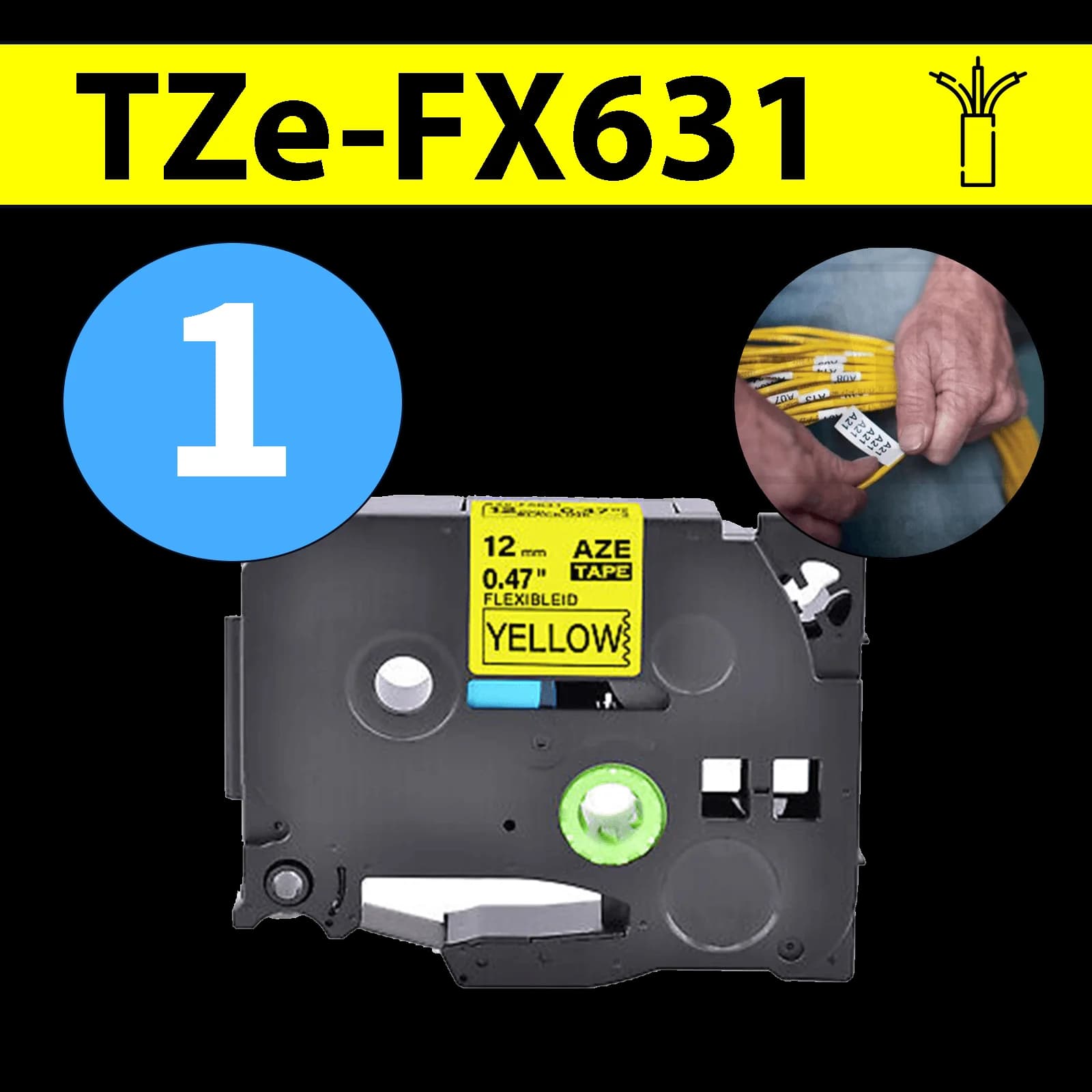 סרט מדבקה TZe-FX631 תואם פרימיום שחור על צהוב 12 מ״מ (גמיש לחיווט - מתאים לכבלי תקשורת, חשמל, ועוד)
