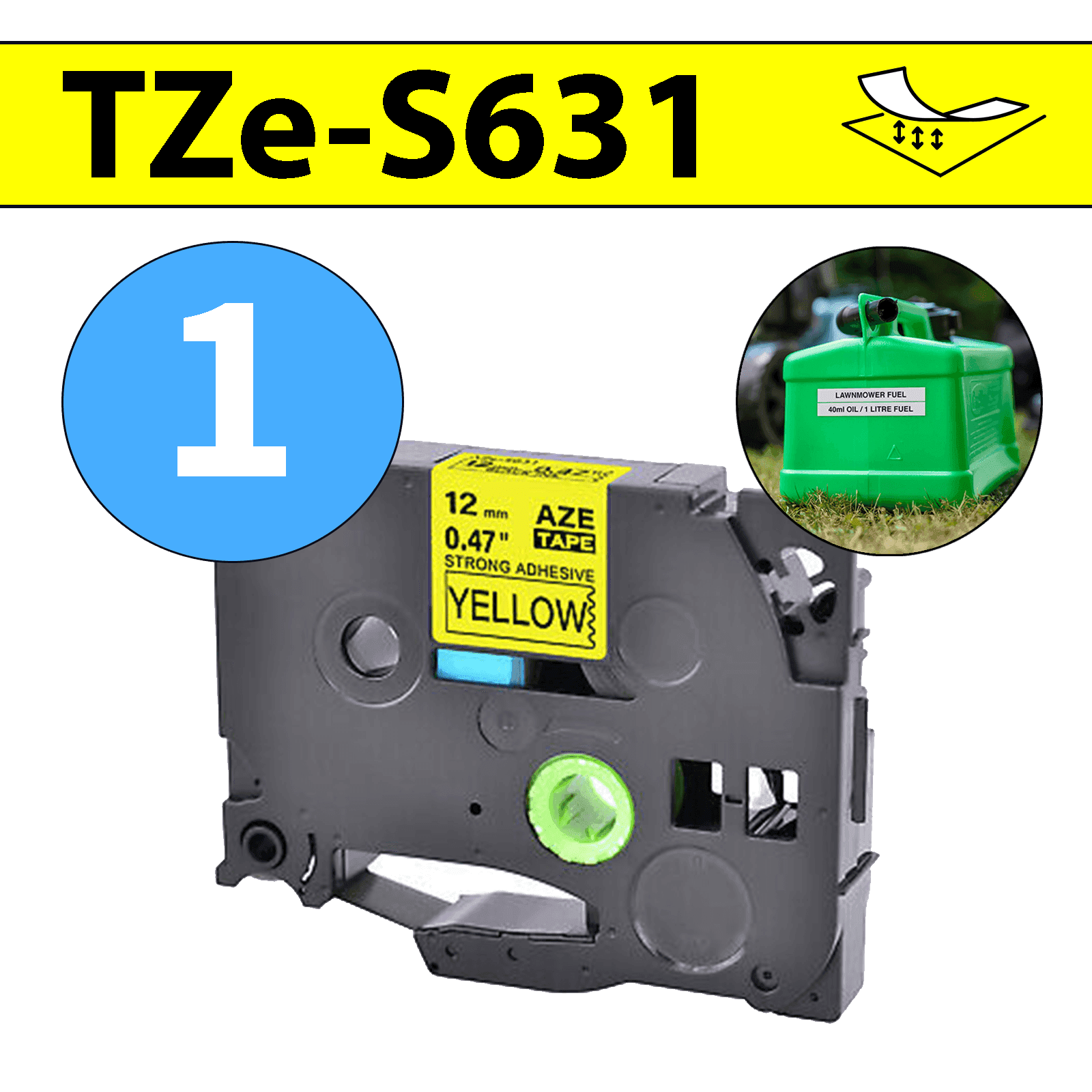 סרט מדבקה TZe-S631 תואם פרימיום שחור על צהוב 12 מ״מ (דבק מחוזק במיוחד - למשטחים מחוספסים ולא ישרים)
