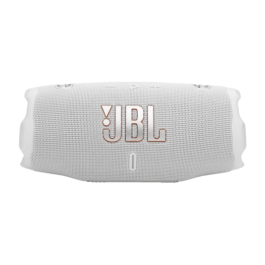 JBL Charge 6 לבן – מבט צד עם לוגו מודגש