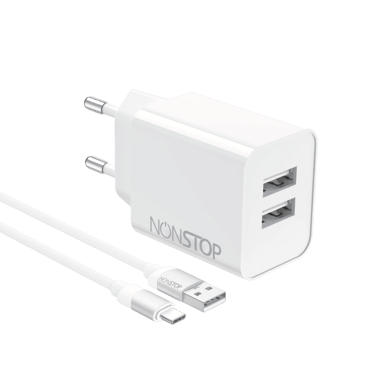 מטען קיר 2 יציאות NONTOP PowerLine 15W USB + כבל USB-A ל-USB-C
