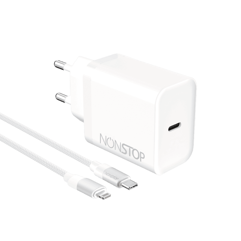 מטען קיר לבן NONSTOP PowerLine PD 20W+כבל USB-C to Lightning