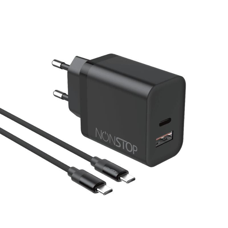 מטען קיר שחור 2 יציאות NONSTOP PowerLine PD 25W + כבל USB-C