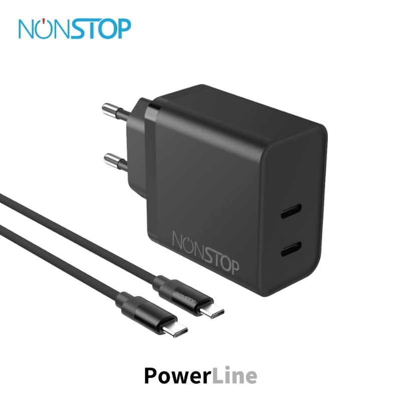 מטען קיר שחור 2 יציאות NONSTOP PowerLine PD 25W + כבל  USB-C