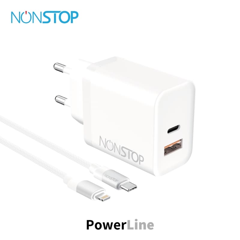מטען קיר לבן 2 יציאות NONSTOP PowerLine PD 25W + כבל USB-C ל Lightning