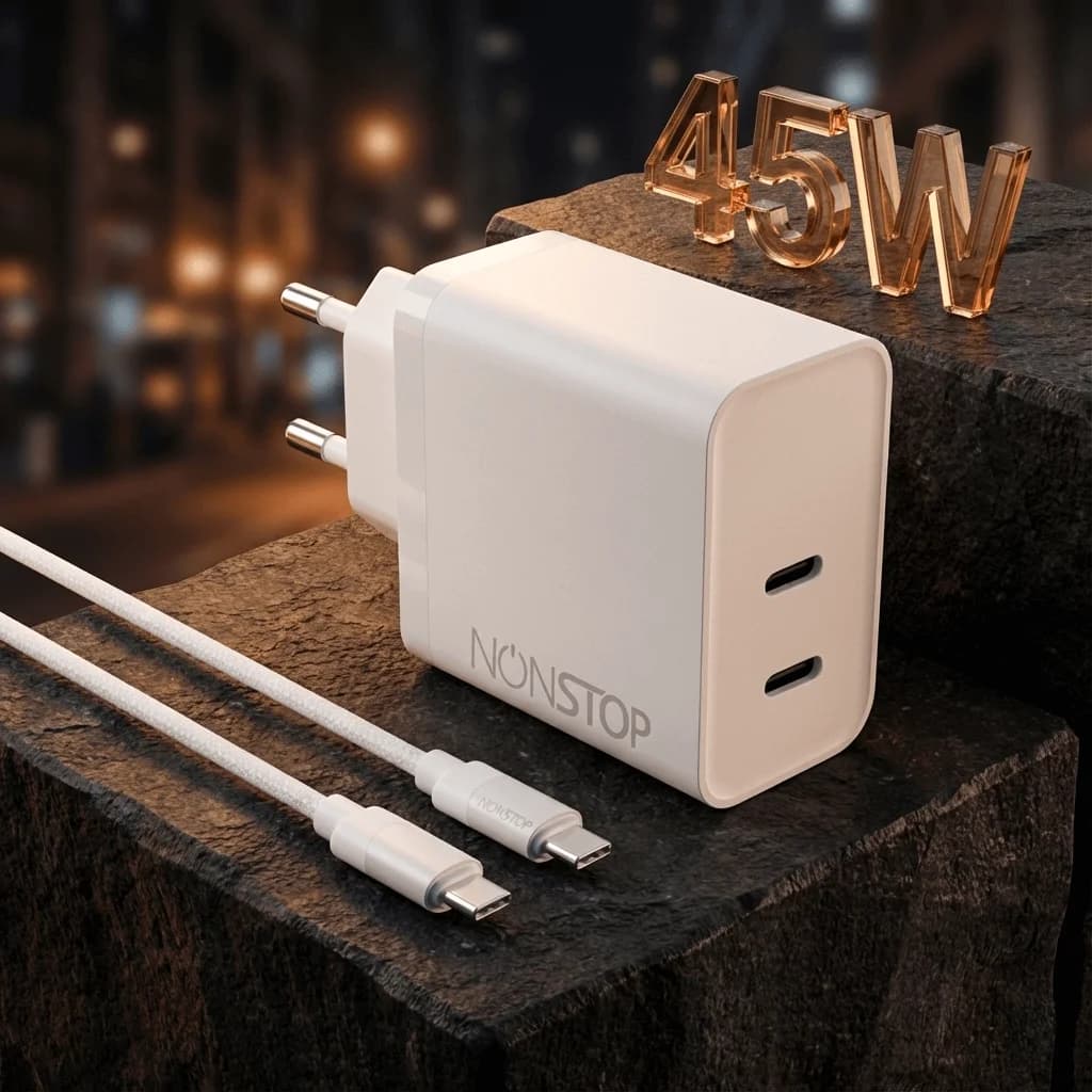 מטען קיר לבן 2 יציאות NONSTOP PowerLine 45W USB-C PD + כבל USB-C