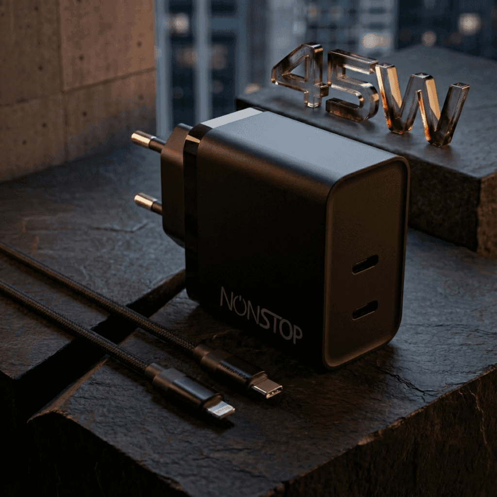 מטען קיר שחור 2 יציאות NONSTOP PowerLine 45W USB-C PD+כבל USB-C to Lightning