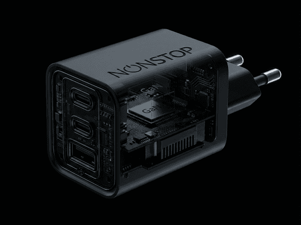 מטען קיר שחור 3 יציאות NONSTOP PowerLine 65W USB-C PD + כבל USB-C