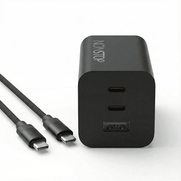 מטען קיר שחור 3 יציאות NONSTOP PowerLine 65W USB-C PD + כבל USB-C