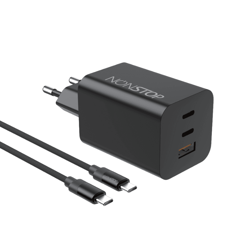 מטען קיר שחור 3 יציאות NONSTOP PowerLine 65W USB-C PD + כבל USB-C