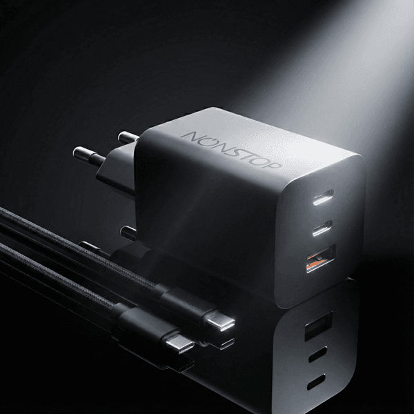 מטען קיר שחור 3 יציאות NONSTOP PowerLine 65W USB-C PD + כבל USB-C
