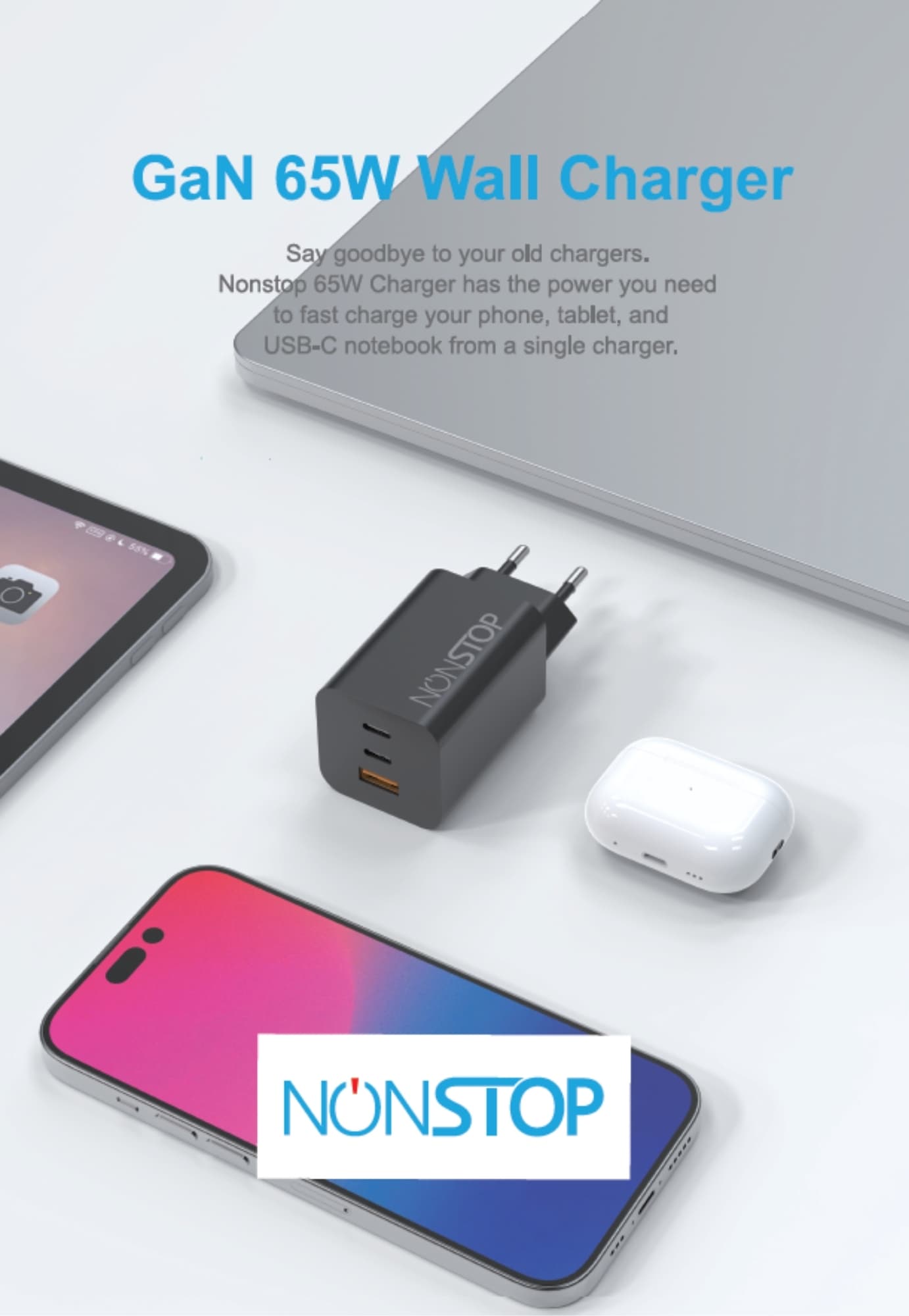 מטען קיר שחור 3 יציאות NONSTOP PowerLine 65W USB-C PD + כבל USB-C