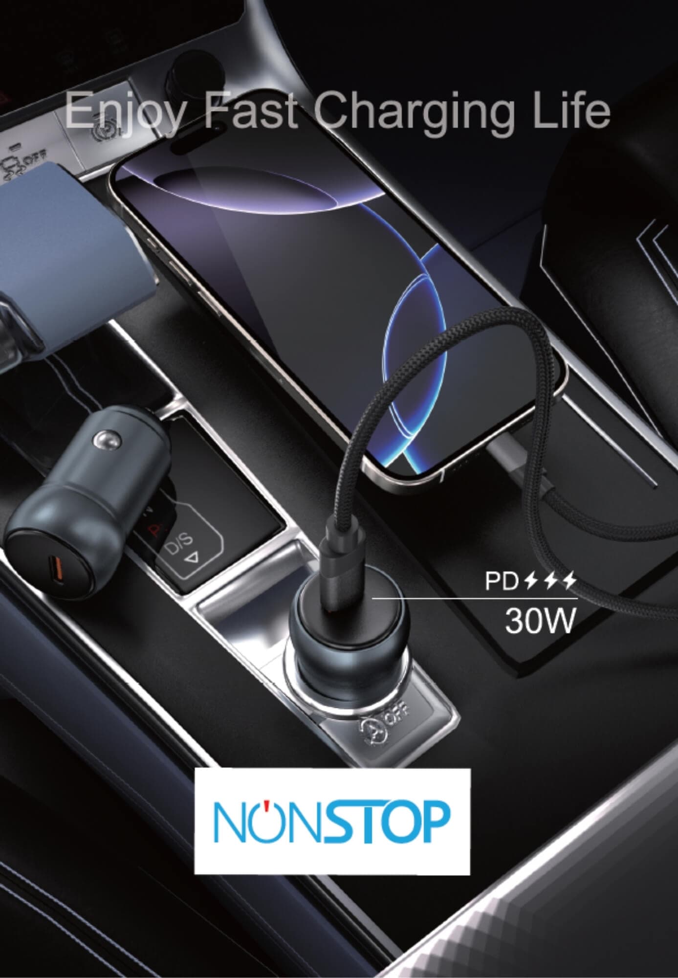 מטען רכב + כבל NONSTOP PowerLine PD 30W USB-C to Lightning