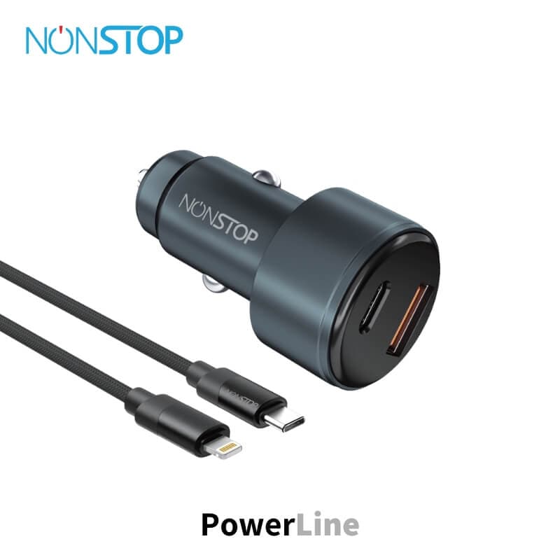 מטען רכב 2 יציאות NONSTOP PowerLine PD+QC 48W + כבל USB-C to Lightning