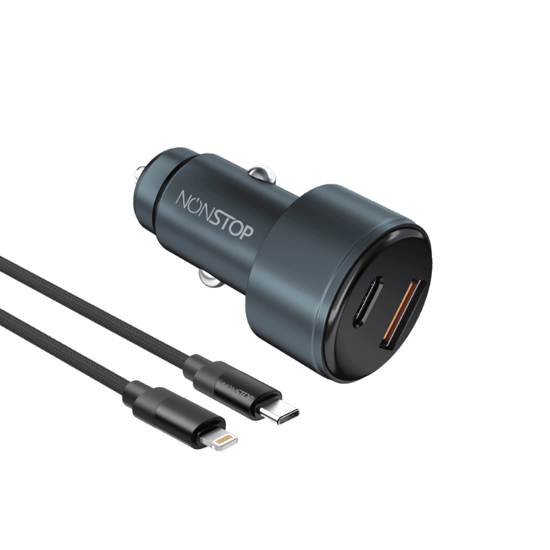 מטען רכב 2 יציאות NONSTOP PowerLine PD+QC 48W + כבל USB-C to Lightning